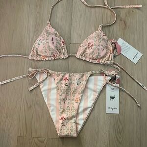 Dainty Floral/Stripe Print Reversible
Low-Rise Cheeky Bikini Top and Bottom - Ag